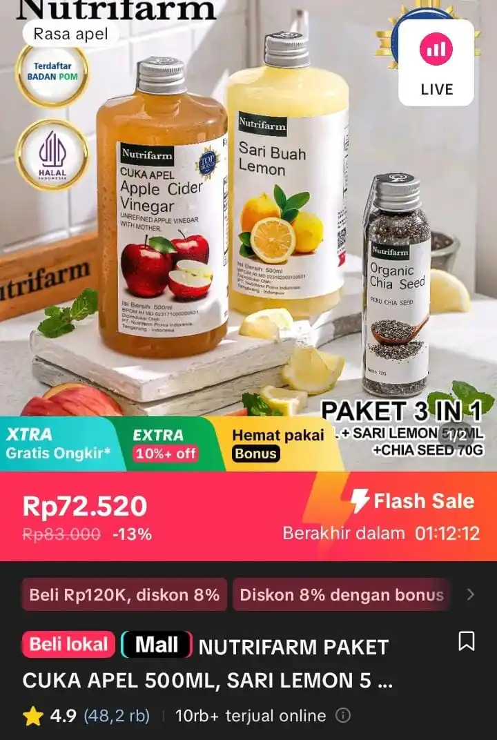Image from Racun Shopee X Tiktok ( tiktokshop-tokopedia )⭐️: NUTRIFARM PAKET CUKA APEL 500ML, SARI LEMON 500ML, DAN CHIA SEED 70G h...