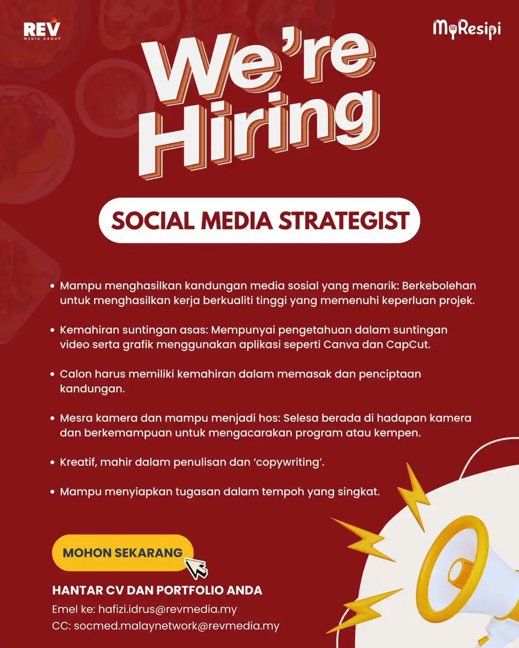 Image from MyResipi: 🚨PELUANG KERJAYA🚨 Kami di MyResipi mencari seorang SOCIAL MEDIA STR...