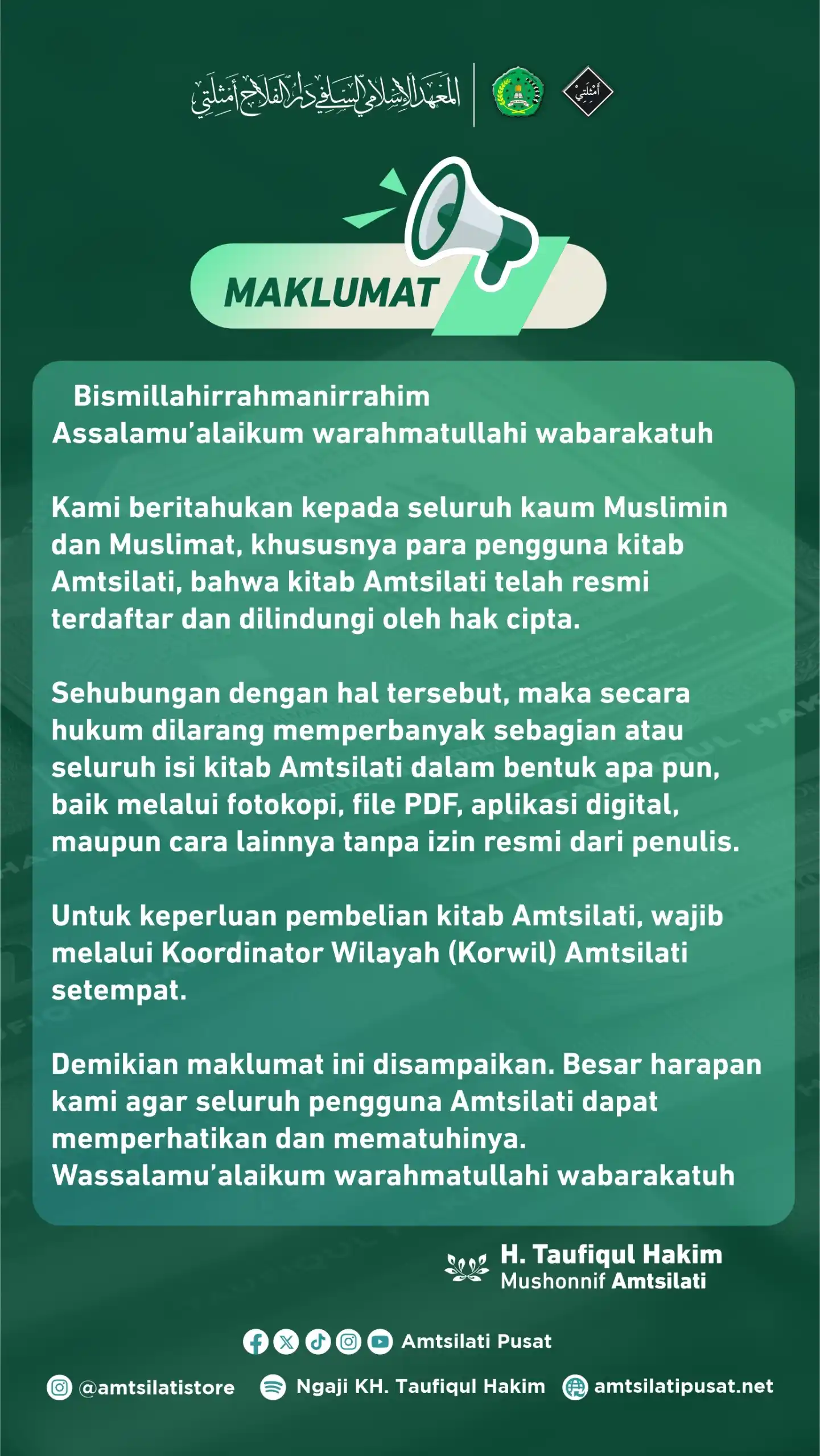 Image from PP. Darul Falah Amtsilati Jepara: "Penting untuk diingat! Kitab Amtsilati telah terdaftar dan dilindungi...