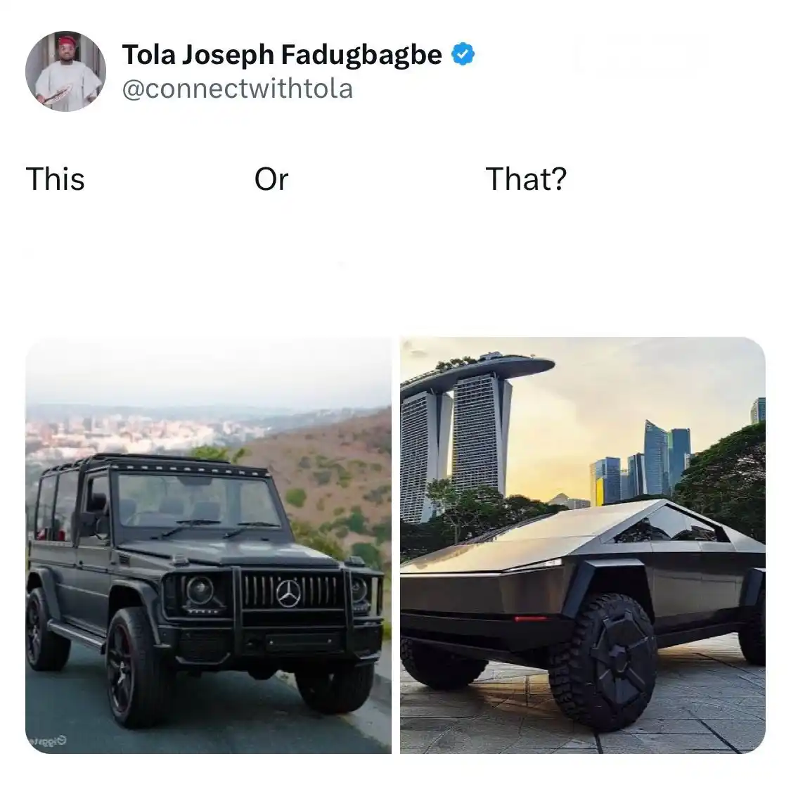 Image from Legit.ng Naija News: Pick one G wagon - 🔥 Cybertruck - 😎...