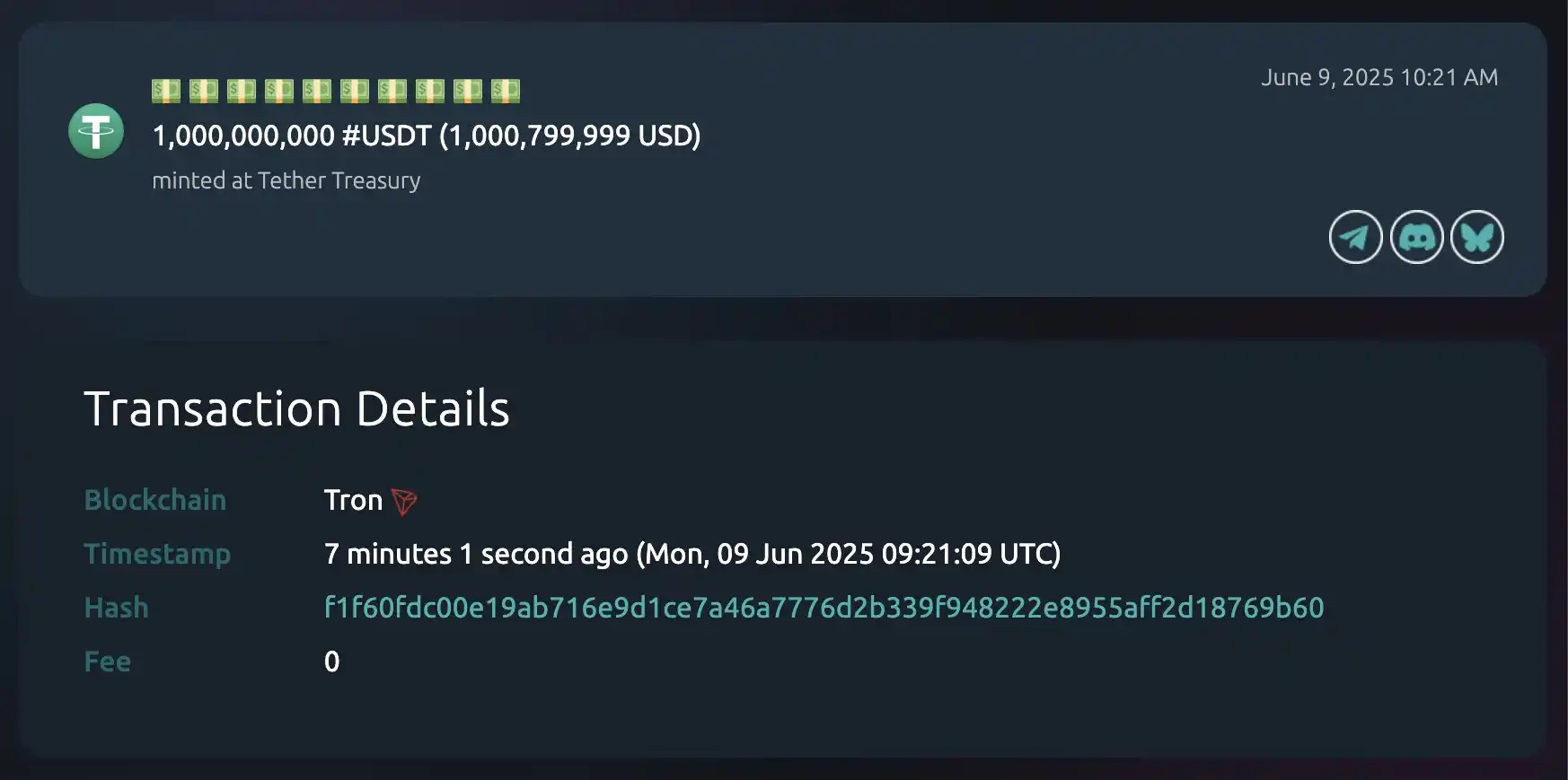 Image from Web3 & Crypto School 📚: *Plus d'un milliard ($1,000,799,999) fraîchement émis sur le réseau T...