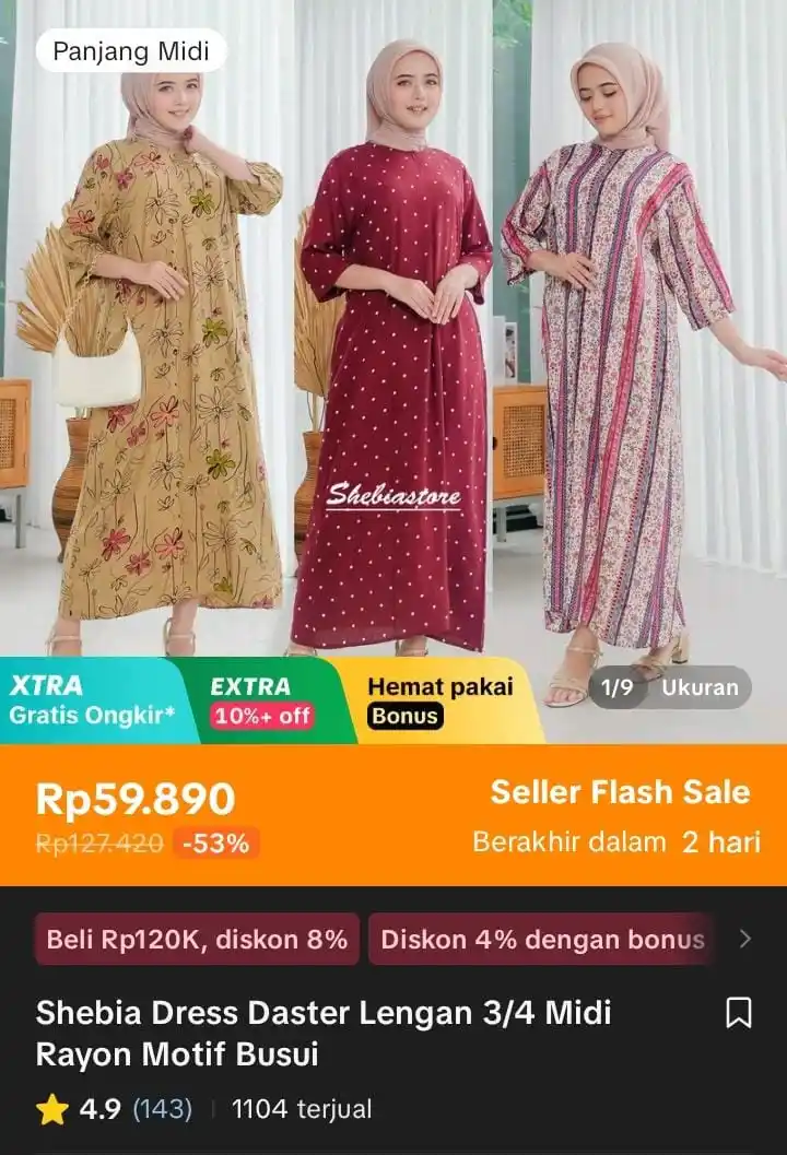 Image from Racun Shopee X Tiktok ( tiktokshop-tokopedia )⭐️: Shebia Dress Daster Lengan 3/4 Midi Rayon Motif Busui https://vt.tokop...