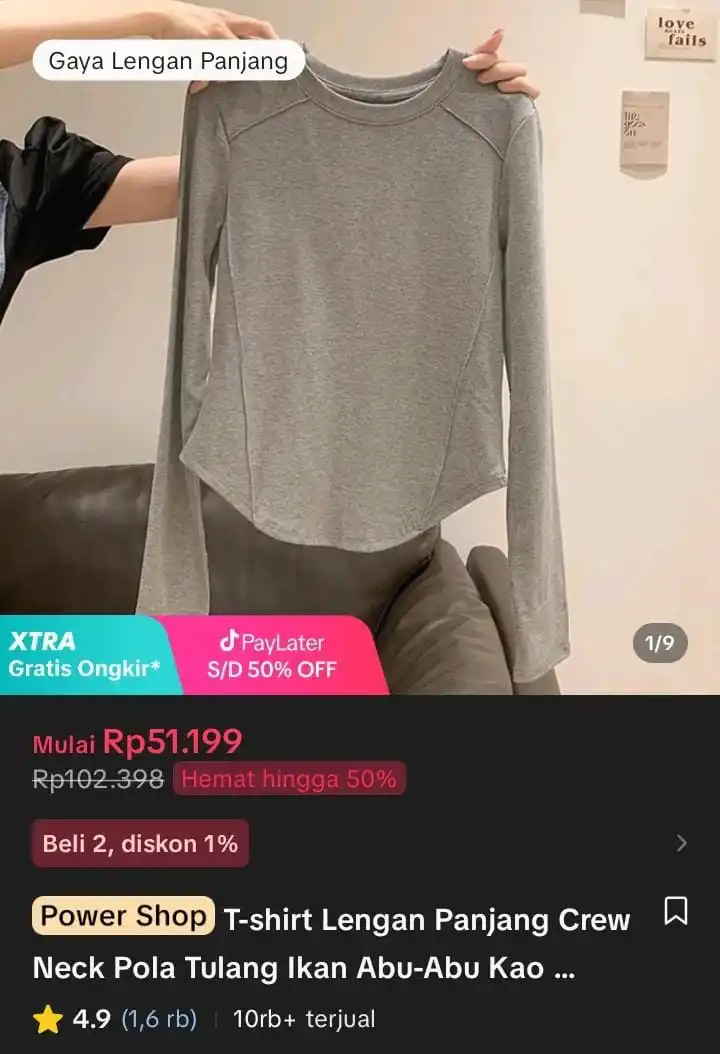 Image from Racun Shopee X Tiktok ( tiktokshop-tokopedia )⭐️: T-shirt Lengan Panjang Crew Neck Pola Tulang Ikan Abu-Abu Kaos Ootd Po...