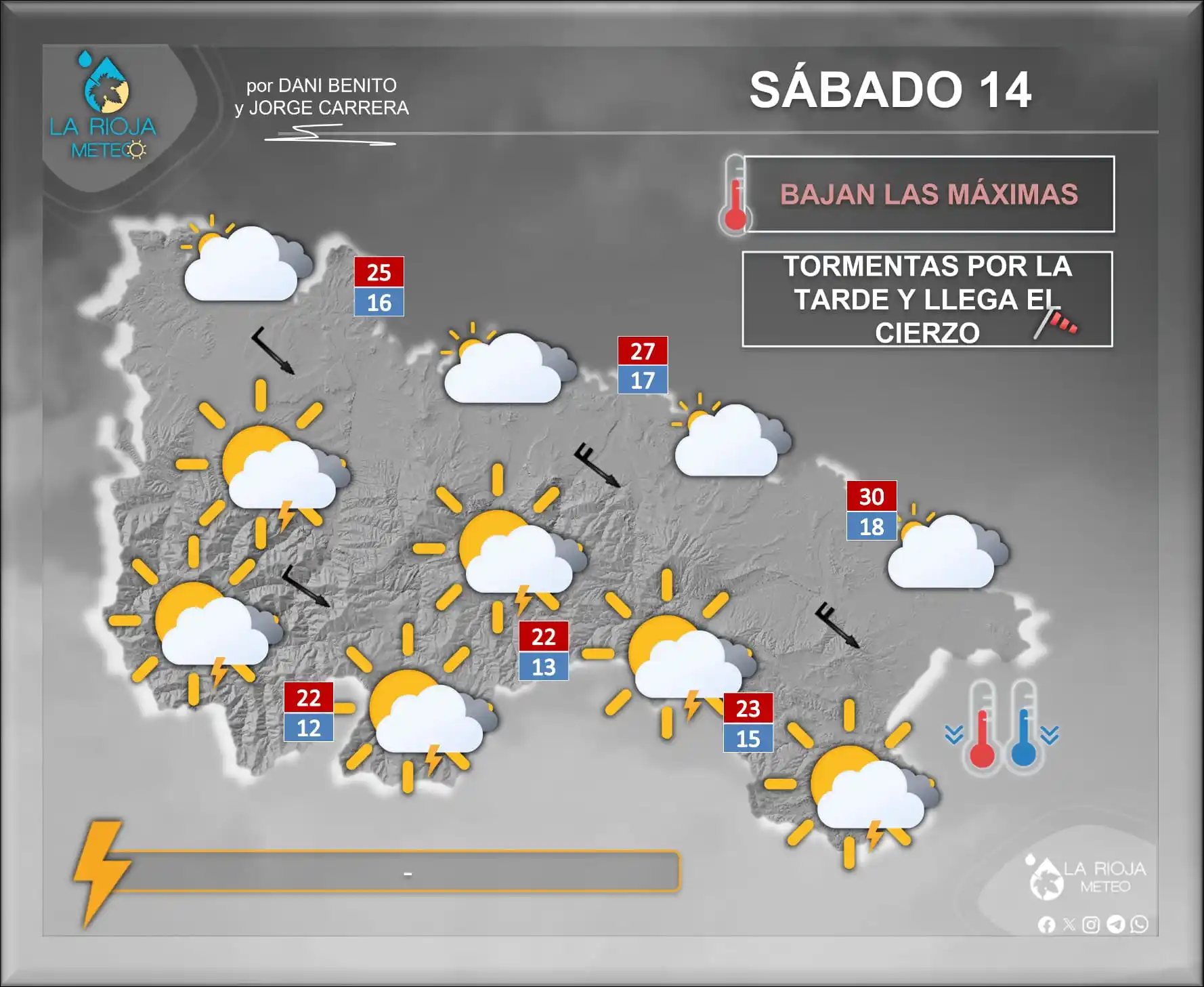 Image from La Rioja Meteo (Dani Benito y Jorge Carrera): ¡Buenos días! 😜 Sábado de ambiente tranquilo por la mañana, con ciel...