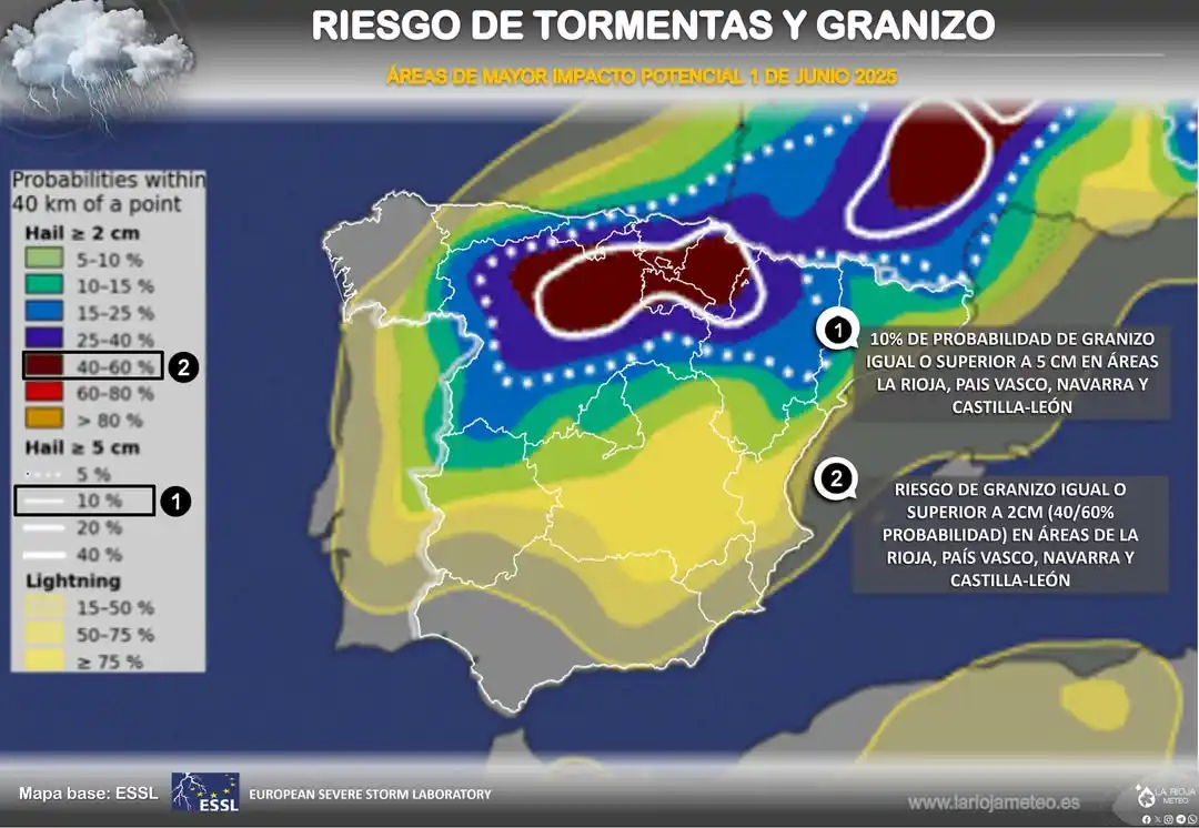 Image from La Rioja Meteo (Dani Benito y Jorge Carrera): ⚠El modelo combinado de la ESSL indica para este domingo 1 de junio: ...