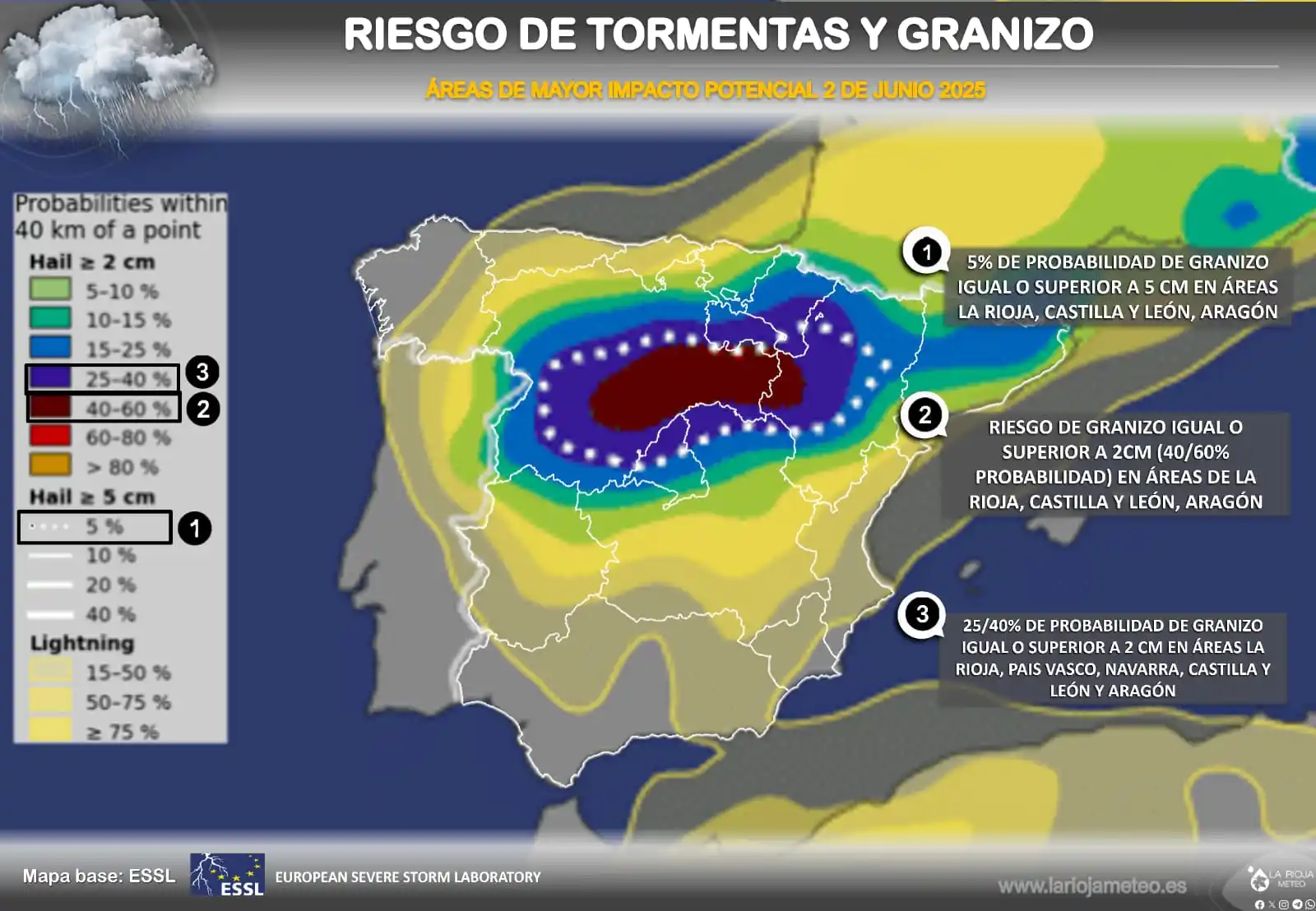Image from La Rioja Meteo (Dani Benito y Jorge Carrera): 🚩El modelo combinado de la ESSL indica para hoy lunes 2 de Junio: -R...