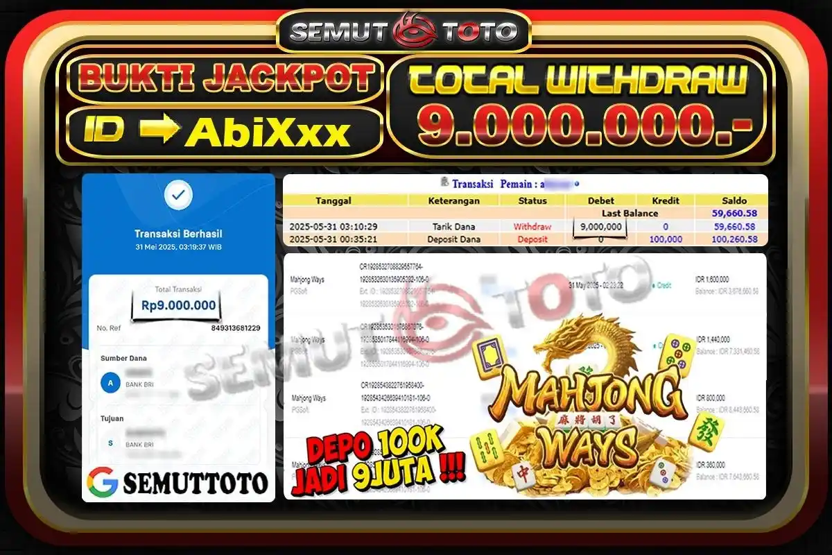 Image from SEMUTTOTO: Selamat Kepada member : AbiXxx atas JP SLOT GACOR MAHJONG WAYS 31-5-20...