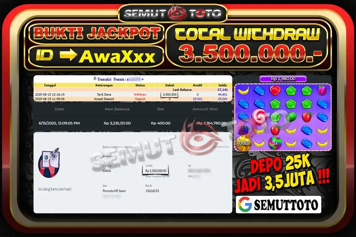 Image from SEMUTTOTO: Selamat Kepada member : AwaXxx atas JACKPOT SLOT GACOR SWERT BONANZA 1...