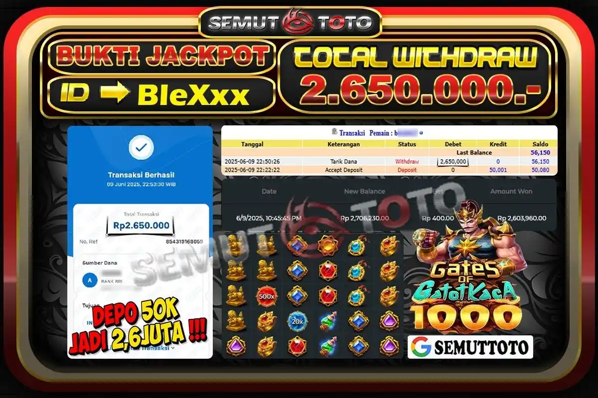 Image from SEMUTTOTO: Selamat Kepada member : BleXxx atas JP SLOT GACOR GATES OF GATOTKACA 1...