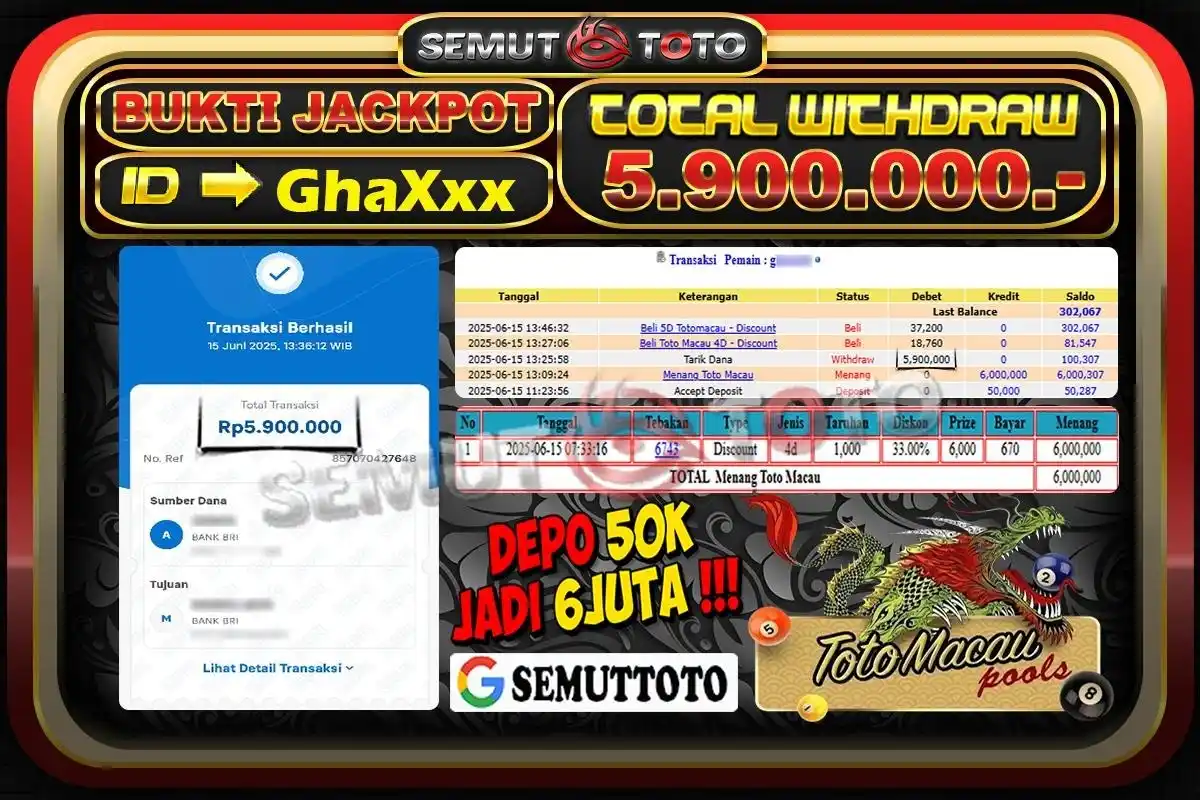 Image from SEMUTTOTO: Selamat Kepada member : GhaXxx atas JACKPPOT TOGEL TOTOMACAU 15-6-2025...