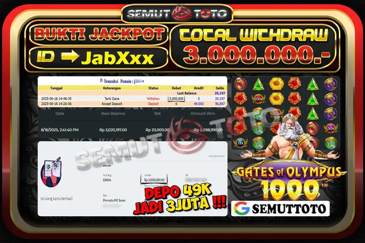Image from SEMUTTOTO: Selamat Kepada member : JabXxx atas JACKPOT SLOT GACOR GATES OF OLYMPU...