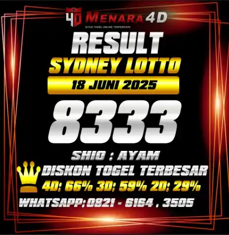 Image from PREDIKSI TOGEL MENARA4D: SYDNEY LOTTO MENARA4D 18 JUNI 2025 RESULT : 8333 SHIO : AYAM BAGI YANG...