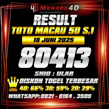 Image from PREDIKSI TOGEL MENARA4D: TOTO MACAU 5D S.1 MENARA4D 18 JUNI 2025 RESULT : 80413 SHIO : ULAR BAG...