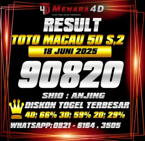 Image from PREDIKSI TOGEL MENARA4D: TOTO MACAU 5D S.2 MENARA4D 18 JUNI 2025 RESULT : 90820 SHIO : ANJING ...