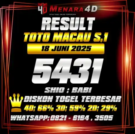 Image from PREDIKSI TOGEL MENARA4D: TOTO MACAU S.1 MENARA4D 18 JUNI 2025 RESULT : 5431 SHIO : BABI BAGI YA...