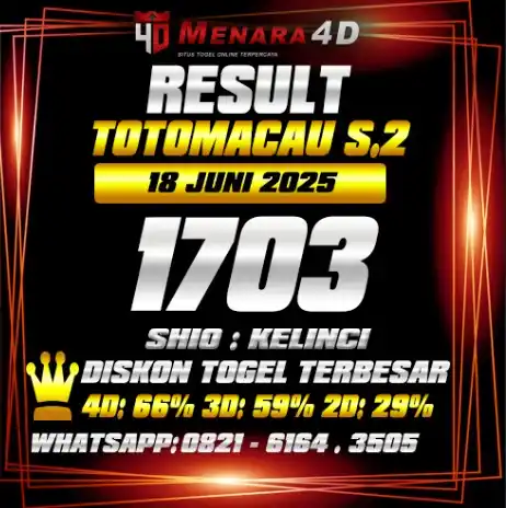 Image from PREDIKSI TOGEL MENARA4D: TOTOMACAU S.2 MENARA4D 18 JUNI 2025 RESULT : 1703 SHIO : KELINCI BAGI ...