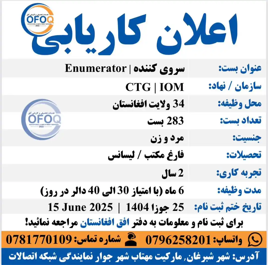 Image from Ofoq Afghanistan 🕊️: *آگاهی_کاری* > فرصت فوق العاده 283 بست سروی کننده مؤسسه CTG |IOM! ⭕ ع...