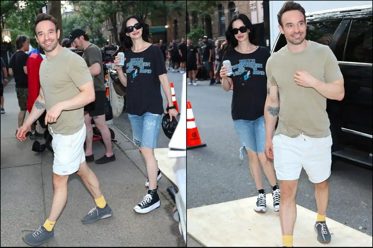 Image from โ ๐๐๐ซ๐๐ฅ๐ ๐๐๐ซ๐ฏ๐๐ฅ๐ข๐ญ๐๐ฌ โ: *Charlie Cox* and *Krysten Ritter* on the set of *โDAREDEVIL: BORN AGA...
