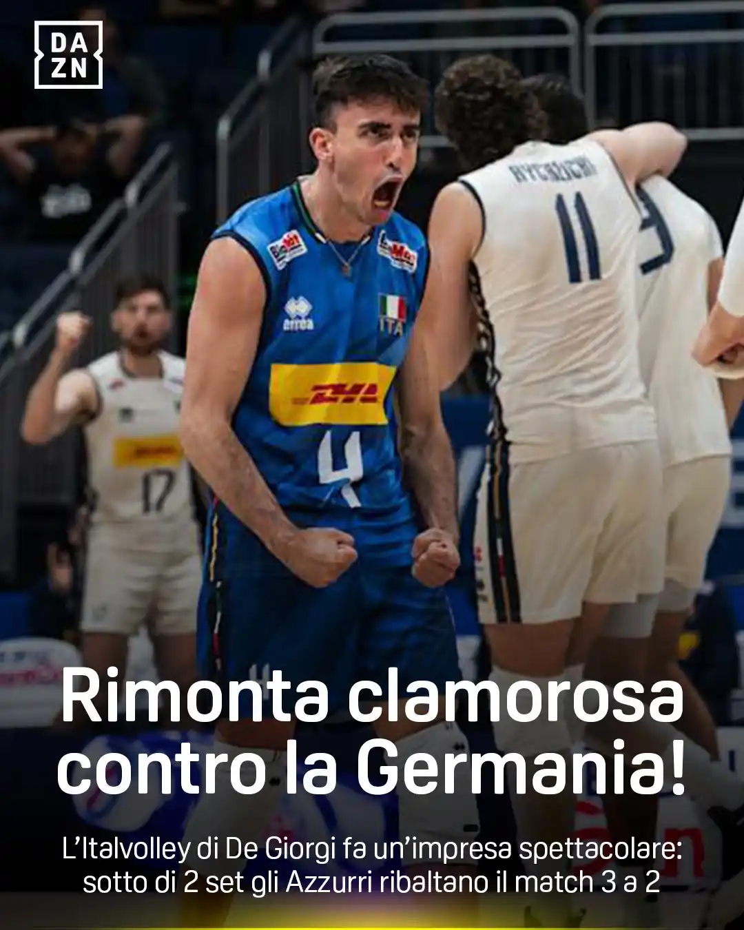 Image from DAZN Italia: Gli Azzurri del volley rimontano da 0-2 a 3-2 il match contro la Germa...