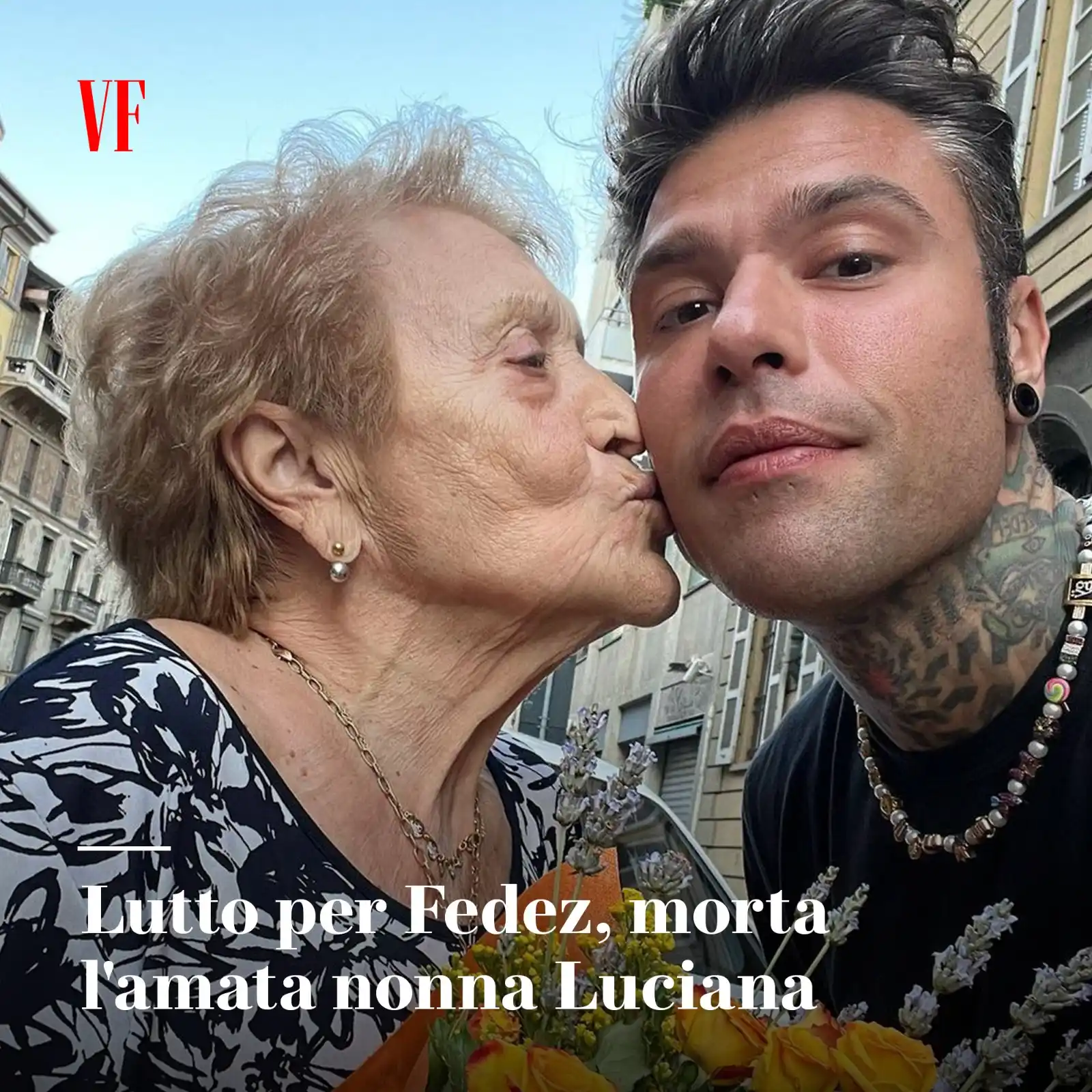 Image from Vanity Fair Italia: Il rapper ha dato l’ultimo saluto all’amatissima nonna Luciana Violini...