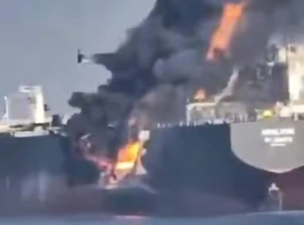 Image from Seafarer's Update ✍️ 🚢: *Shadow Fleet Tanker Adalynn Ablaze in Strait of Hormuz After Collisio...
