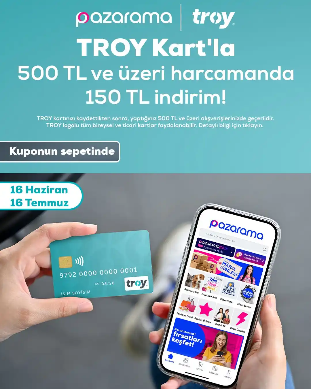 Image from Pazarama: Troy Kart’la yapacağın alışverişler için kuponun sepetinde 💙 👉🏼htt...