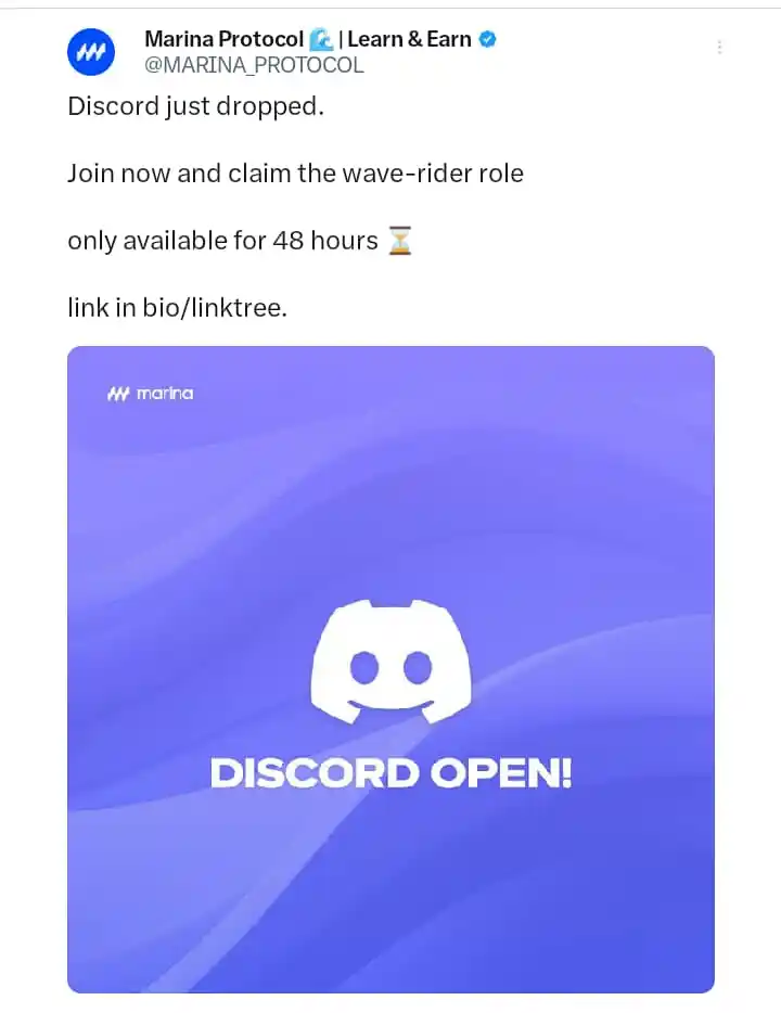 Image from Wagmi_zone: 🌊 Welcome aboard, The official Marina Protocol Discord is now live! ...
