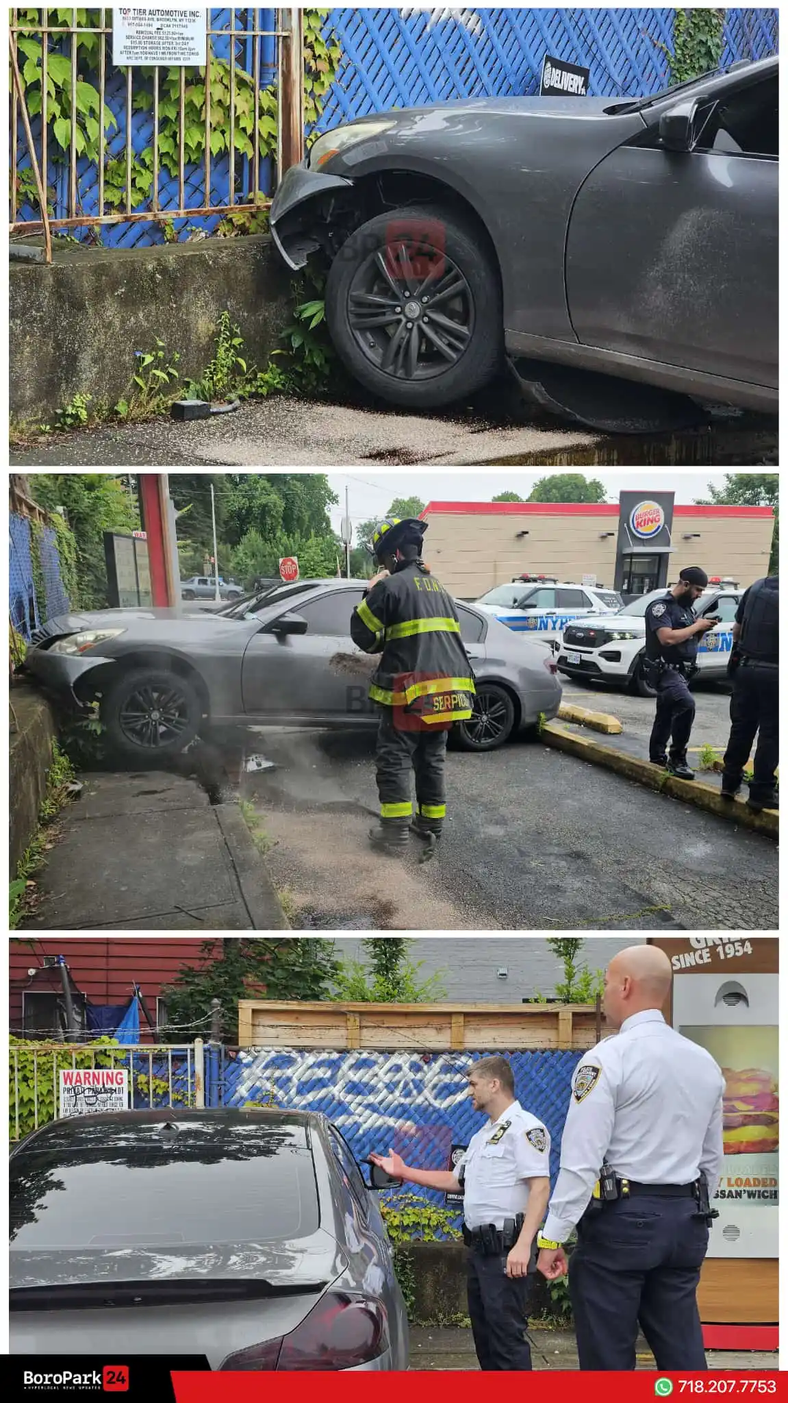 Image from BoroPark24: A driver lost control of his vehicle and crashed into the fence of the...