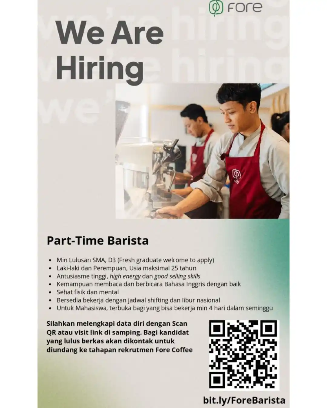 Image from Loker Karawang Cikarang Jabodetabek: Fore Coffee is looking for Part-time Baristas in several locations: -...