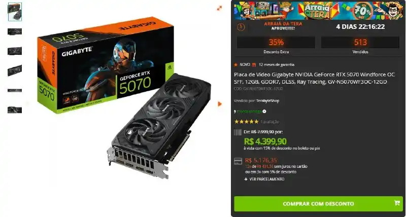 Image from Caça Preço Do Rocha !: Gigabyte NVIDIA GeForce RTX 5070 Windforce OC SFF, 12GB, GDDR7, DLSS, ...