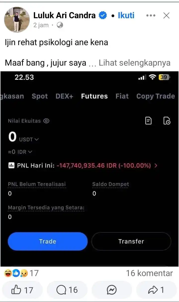 Image from AIRDROP CRYPTOCURRENCY KADAL🦎: Ijin rehat psikologi ane kena Maaf bang , jujur saya dah minus bany...