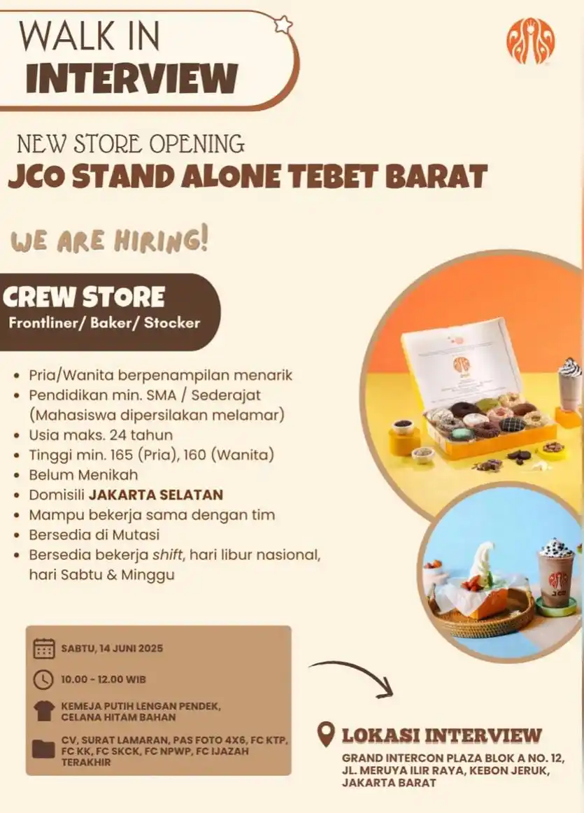Image from Loker Karawang Cikarang Jabodetabek: Lowongan Kerja JCO Donuts Posisi : Crew Store (Frontliner/Baker/Stocke...