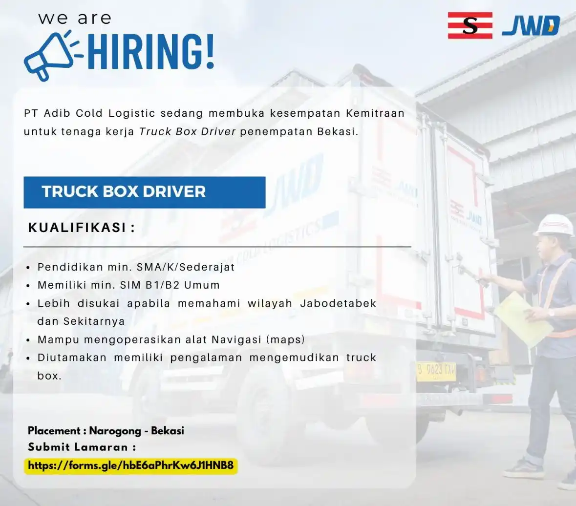 Image from Loker Karawang Cikarang Jabodetabek: Lowongan Kerja PT Adib Cold Logistic (JWD Group) Posisi : Truck Box D...