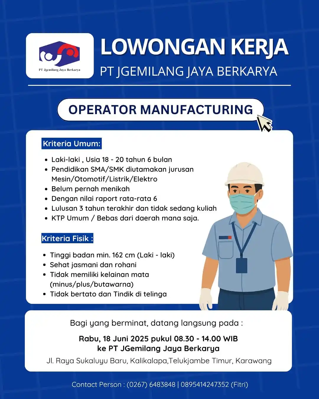 Image from Loker Karawang Cikarang Jabodetabek: Lowongan Kerja PT JGemilang Jaya Berkarya Posisi: Operator Manufacturi...