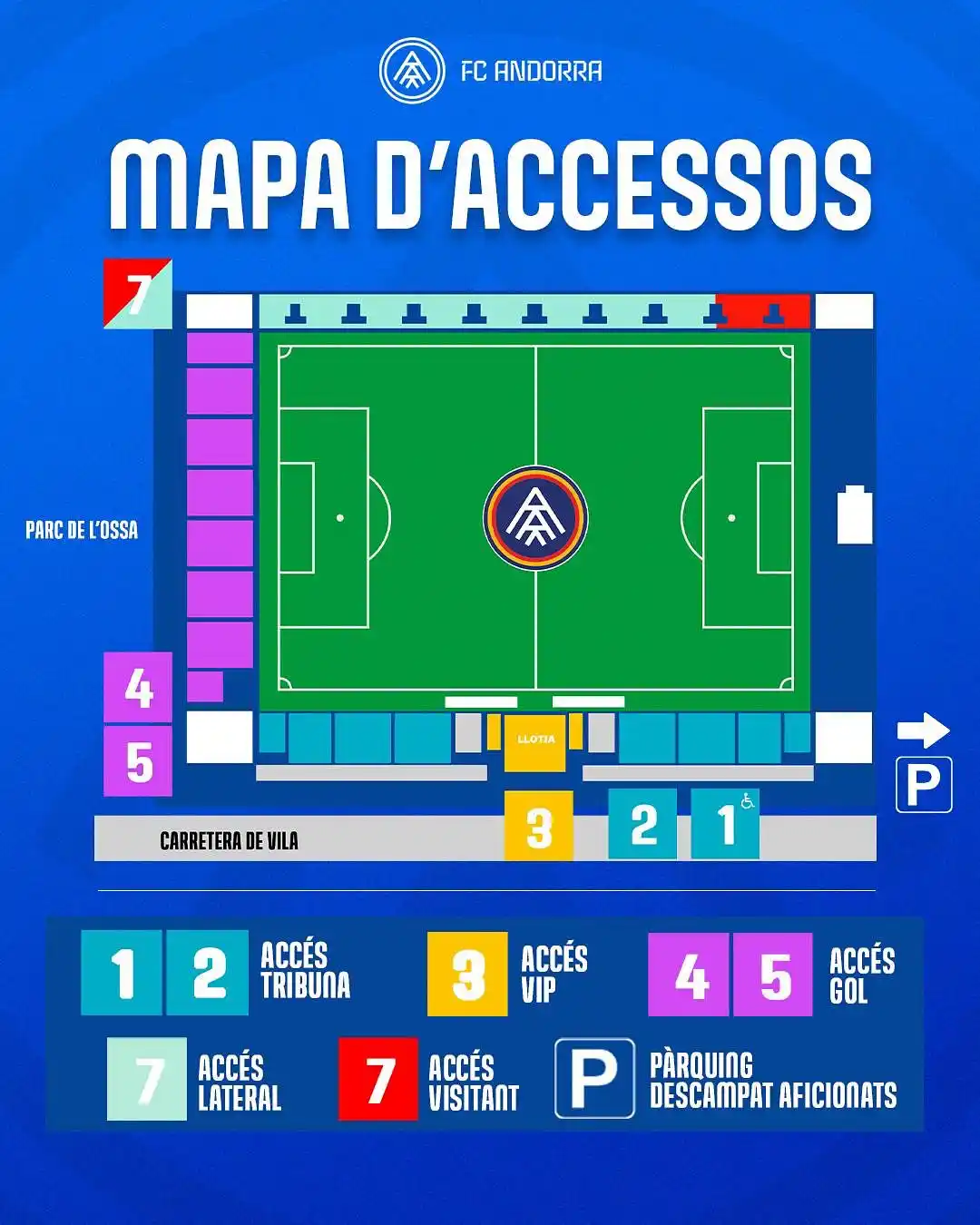 Image from FC Andorra: 🗺️ 𝗠𝗮𝗽𝗮 𝗱’𝗮𝗰𝗰𝗲𝘀𝘀𝗼𝘀  • Accés tribuna 1 i 2 • Accés gol 4 ...