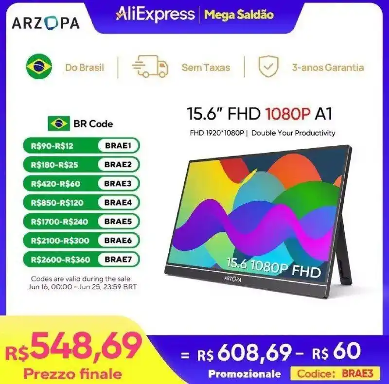 Image from Caça Preço Do Rocha !: 🆘Monitor Arzopa A1 15.6" FHD 1080P  🇧🇷No Brasil   💵R$ 485 🔥Cupom:...