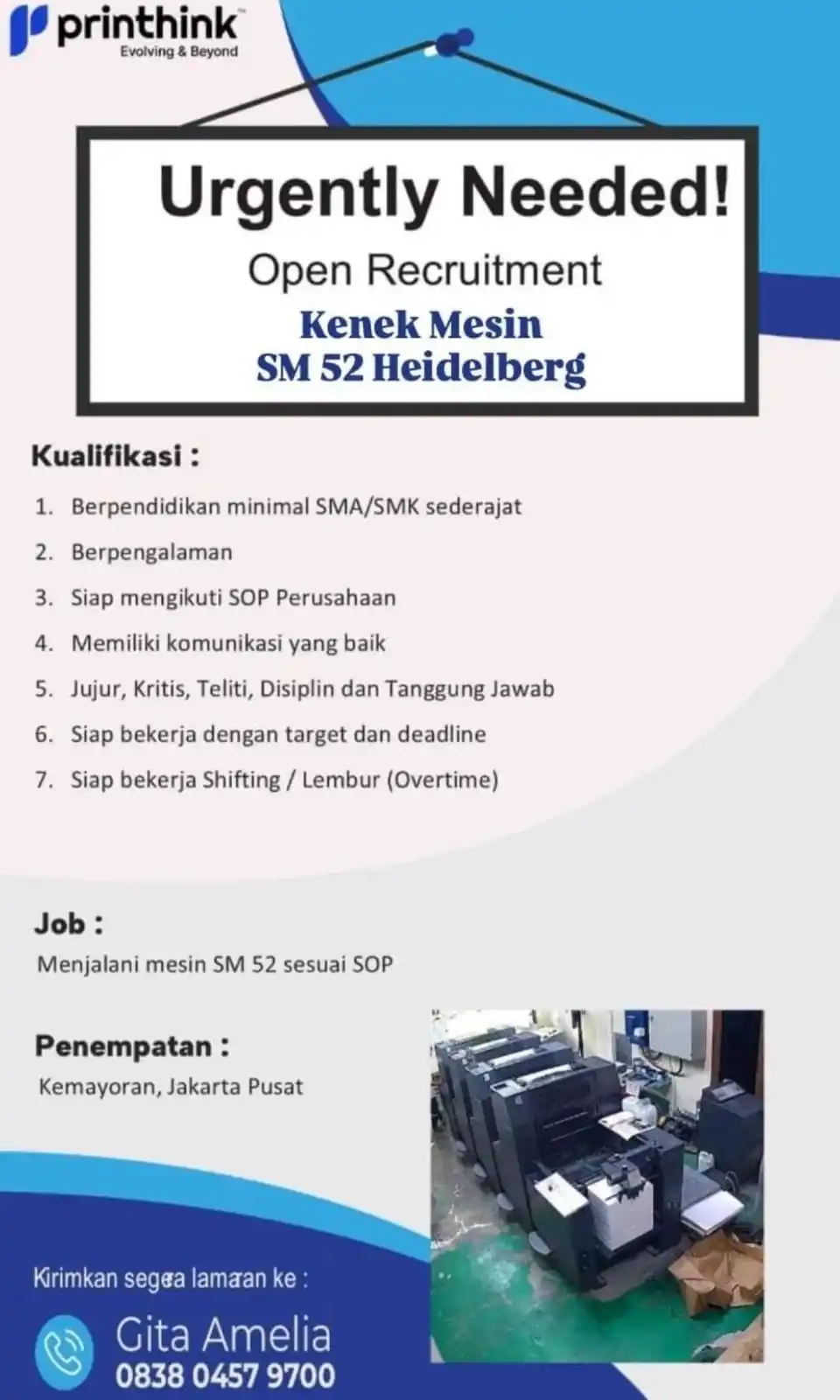 Image from Loker Karawang Cikarang Jabodetabek: Printhink Posisi : Kenek Mesin SM 52 Heidelberg Lulusan : SMA/SMK Sede...