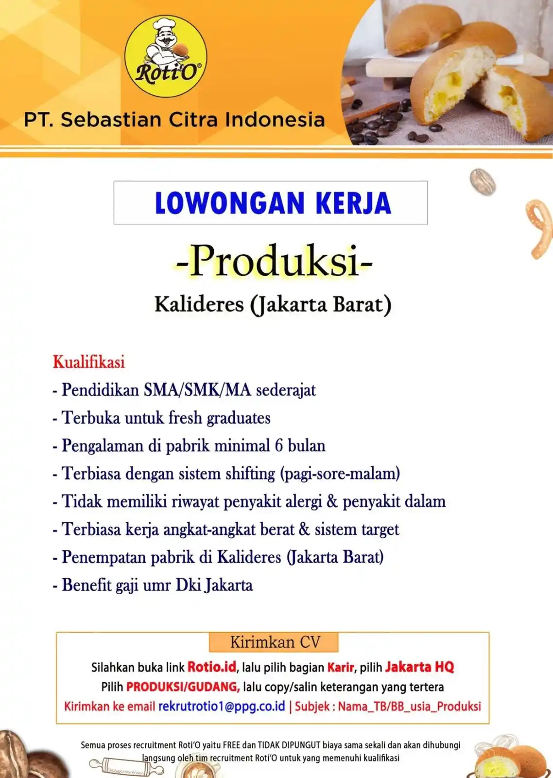 Image from Loker Karawang Cikarang Jabodetabek: PT Sebastian Citra Indonesia (Roti’O) Posisi : Produksi Penempatan : K...