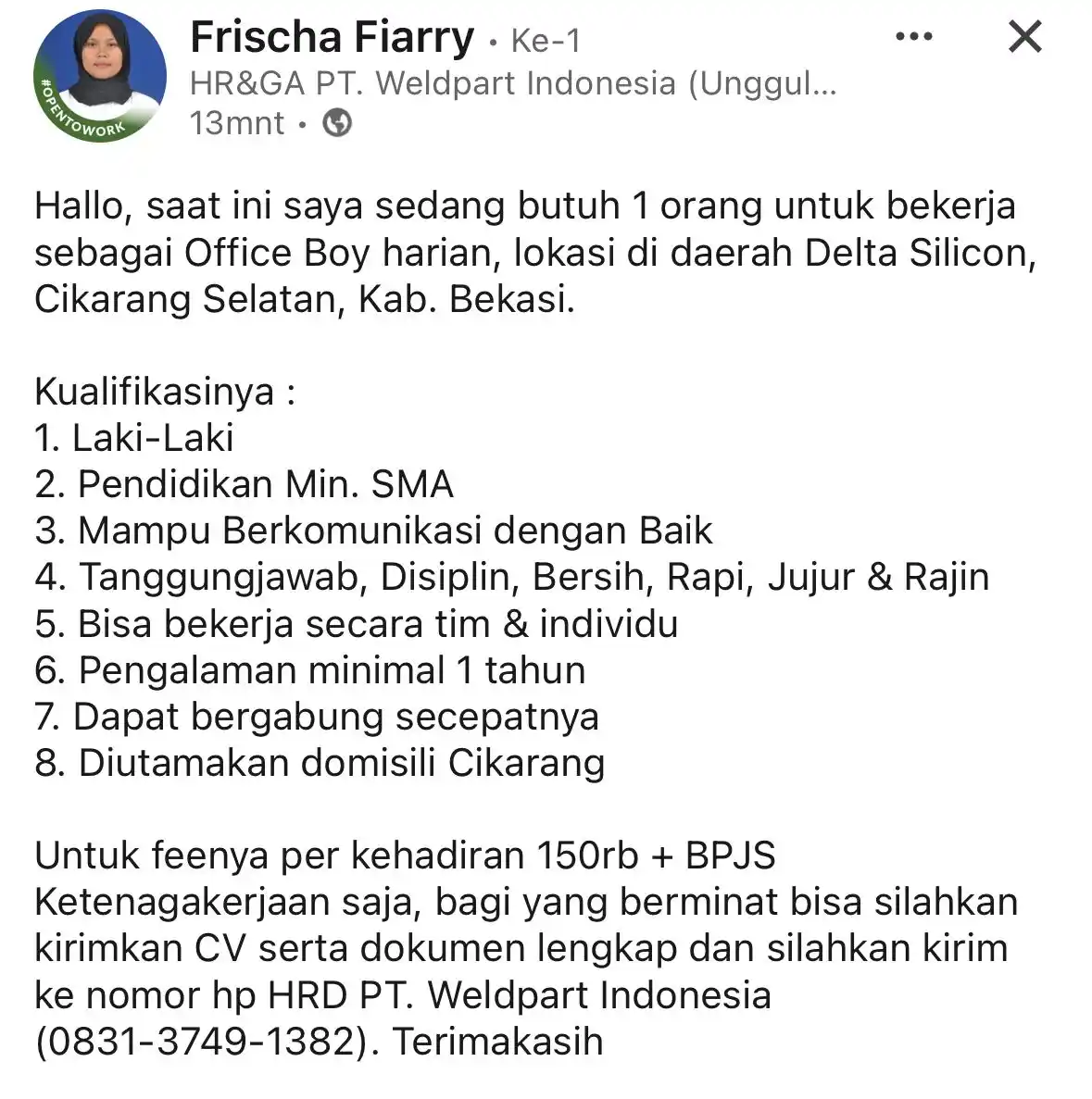 Image from Loker Karawang Cikarang Jabodetabek: PT Weldpart Indonesia Posisi : Office Boy Harian Untuk feenya per k...
