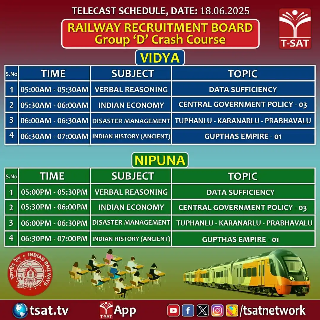 Image from T-SAT Network Channel - Govt. of Telangana: 🚆 RRB Group 'D' Crash Course 📅 Telecast Date: 18.06.2025 📺 Watch on...