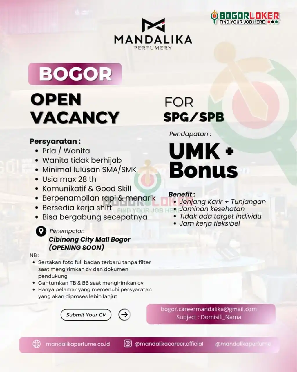 Image from BOGORLOKER.COM: Saat ini MANDALIKA PERFUME sedang membuka lowongan untuk posisi SPG/SP...