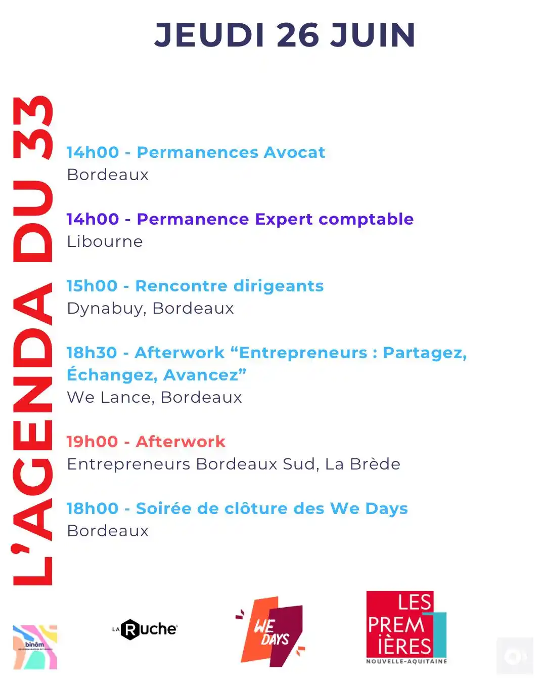 Image from L’AGENDA de l’Entrepreneur & du Porteur de Projet : 14h00 - Permanences Avocat Bordeaux Inscription : 05 56 79 50 00  14h0...