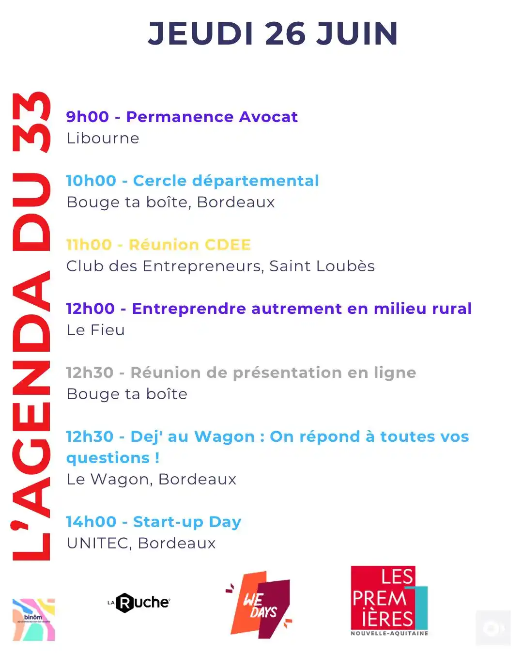 Image from L’AGENDA de l’Entrepreneur & du Porteur de Projet : 9h00 - Permanence Avocat Libourne Inscription : 05 57 25 40 01 10h00 ...
