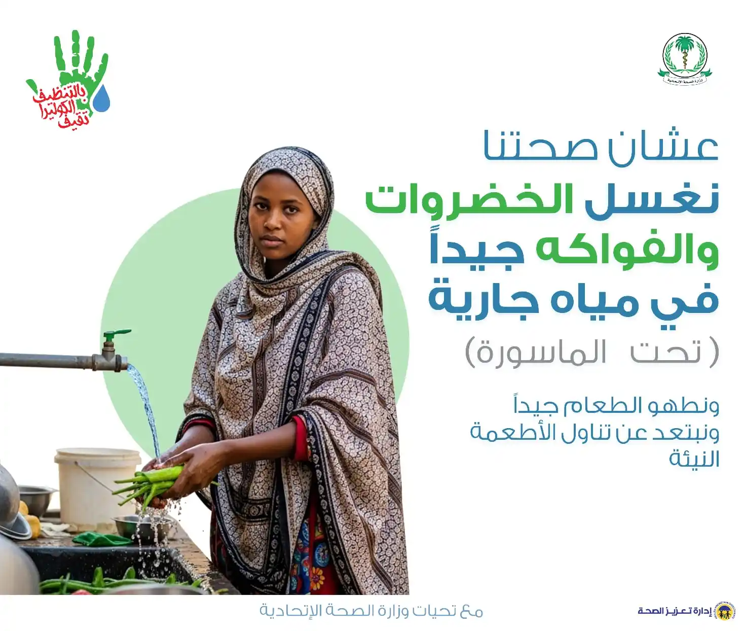 Image from تعزيز الصحة الإتحاديَّة - السودان: 🥗 أكلنا لازم يكون نظيف وآمن 🍅 اغسل الخضروات والفواكه بمويه جارية (تح...