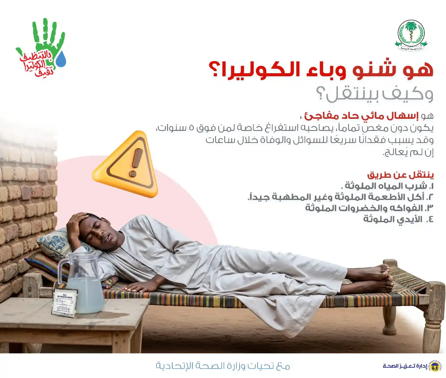Image from تعزيز الصحة الإتحاديَّة - السودان: 💧 الكوليرا شنو؟ وكيف بينتقل؟ الكوليرا مرض خطير، يسبب إسهال مائي شديد ...