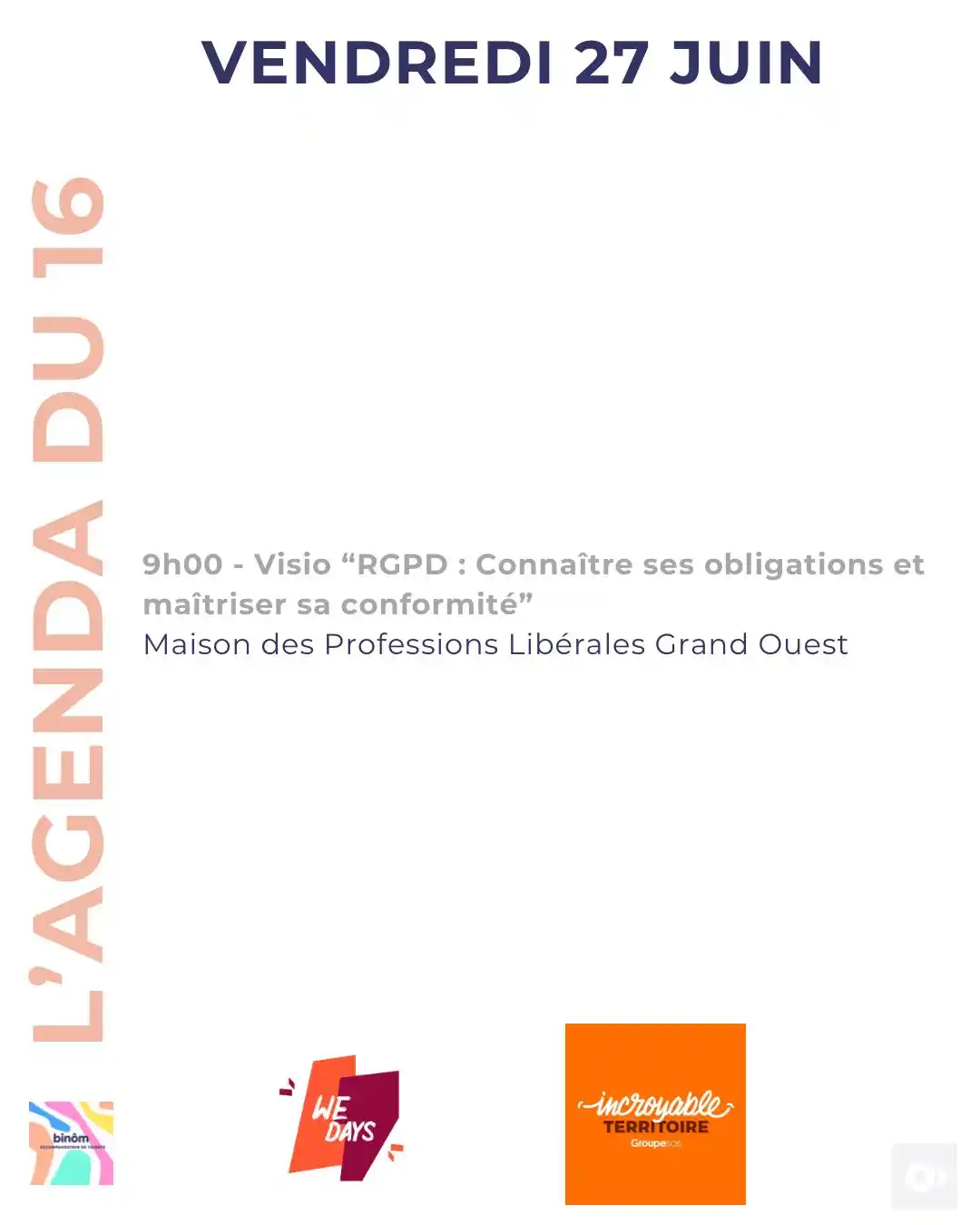 Image from L’AGENDA de l’Entrepreneur & du Porteur de Projet : Bonjour à toutes et tous,  9h00 - Visio “RGPD : Connaître ses obligati...