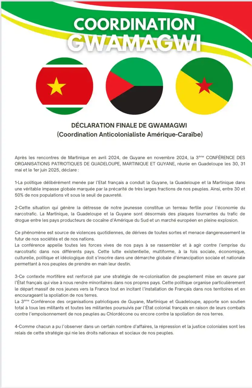 Image from Alyans Nasyonal Gwadloup | ANG : Bonjour, Vous trouverez ci-jointe la déclaration finale de la coordin...