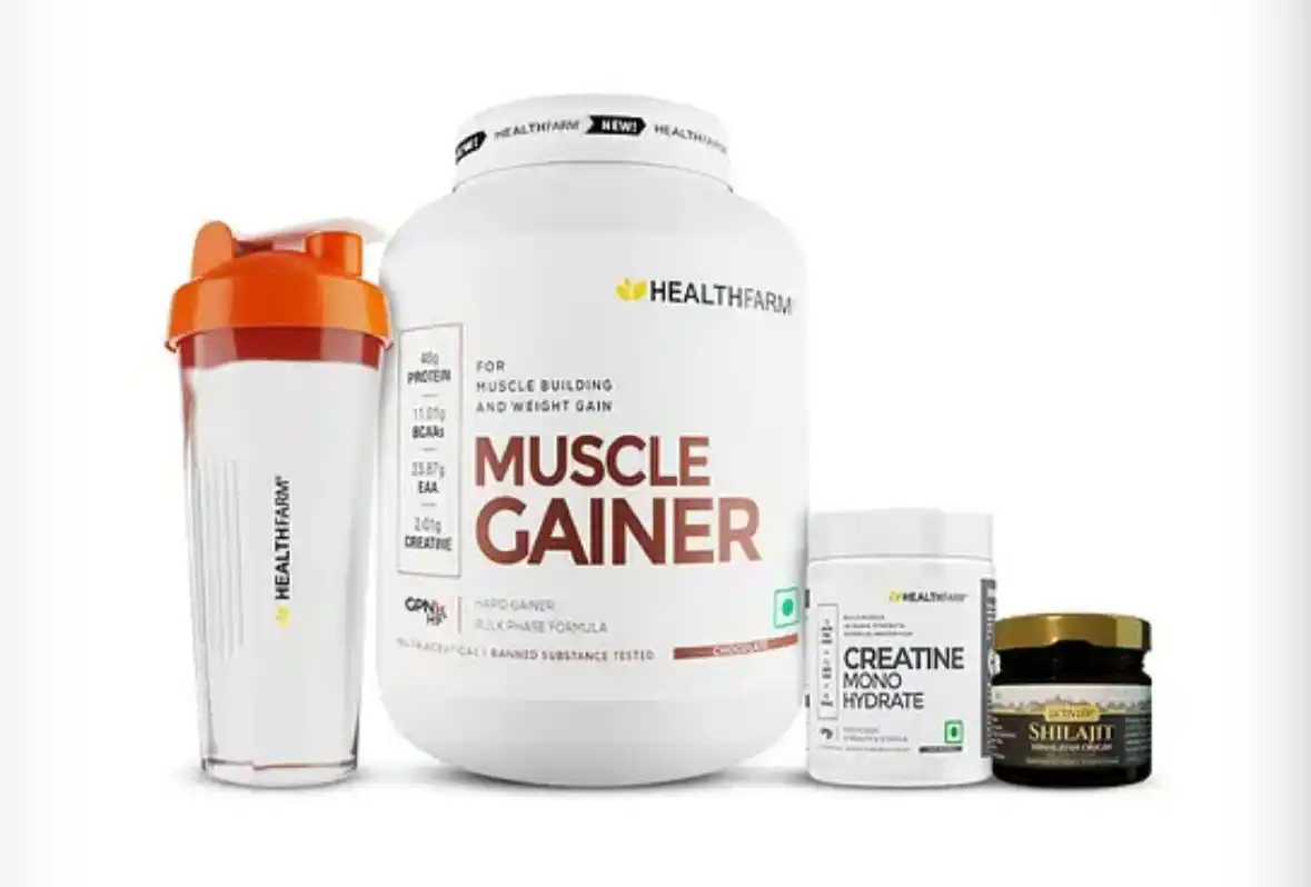 Image from GymDeals Whatsapp: *🔥Loot Deal: Healthfarm Muscle Gainer 3 KG + Creatine + Shaker + 20g ...
