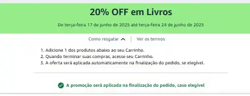 Image from Só Promos - Ofertas e Cupons 📚📱💻🧴: Oferta Amazon✨  🗣️ 20% OFF em Livros  1️⃣ A oferta será aplicada auto...