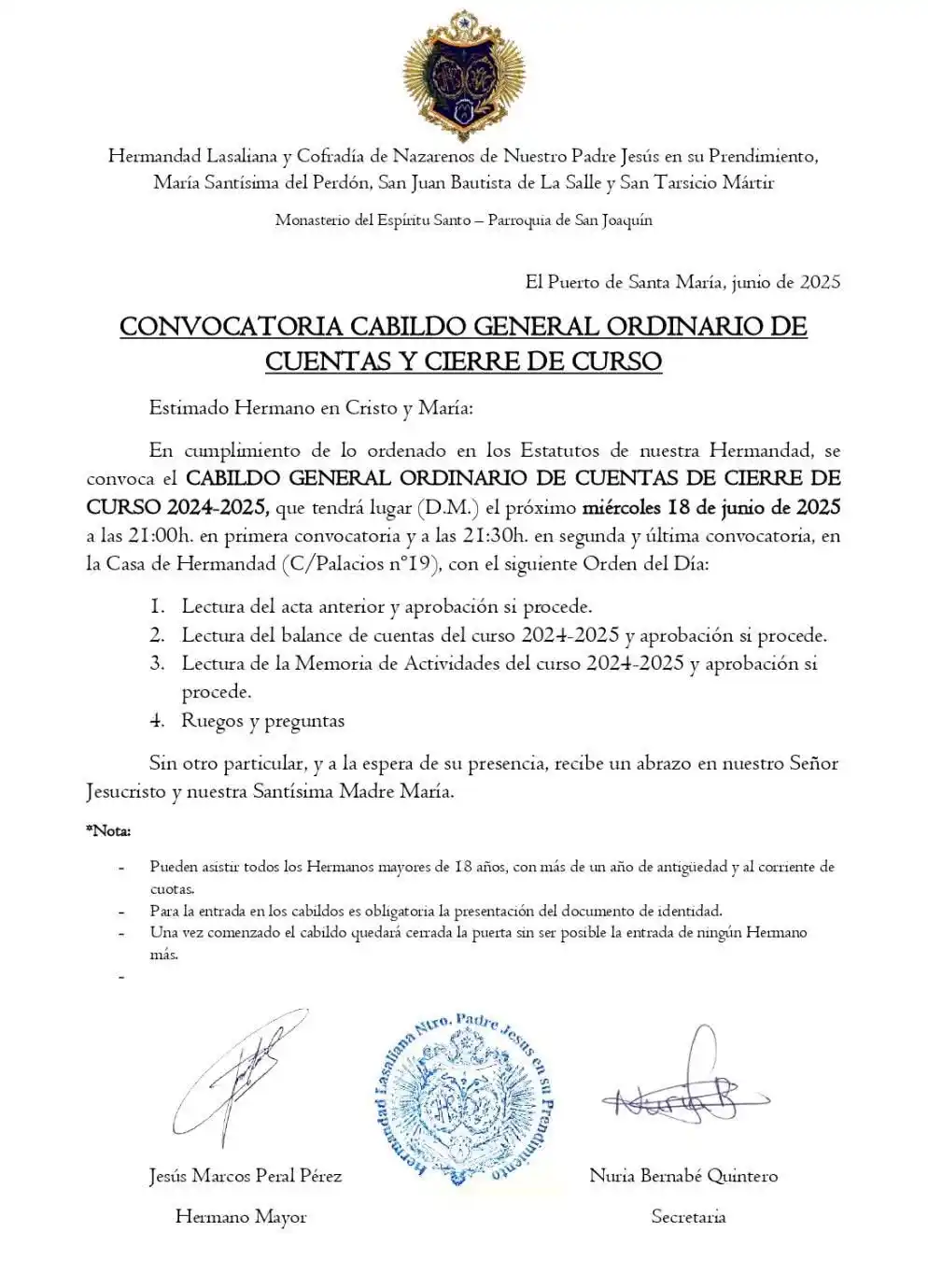 Image from Hermandad Lasaliana del Prendimiento de El Puerto: 📌Queridos hermanos;  Convocatoria al CABILDO GENERAL ORDINARIO DE CUE...